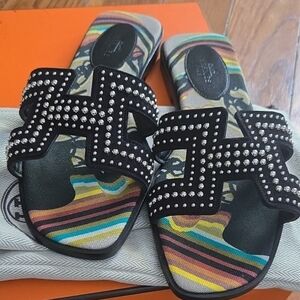 Black Studded Women's Slides